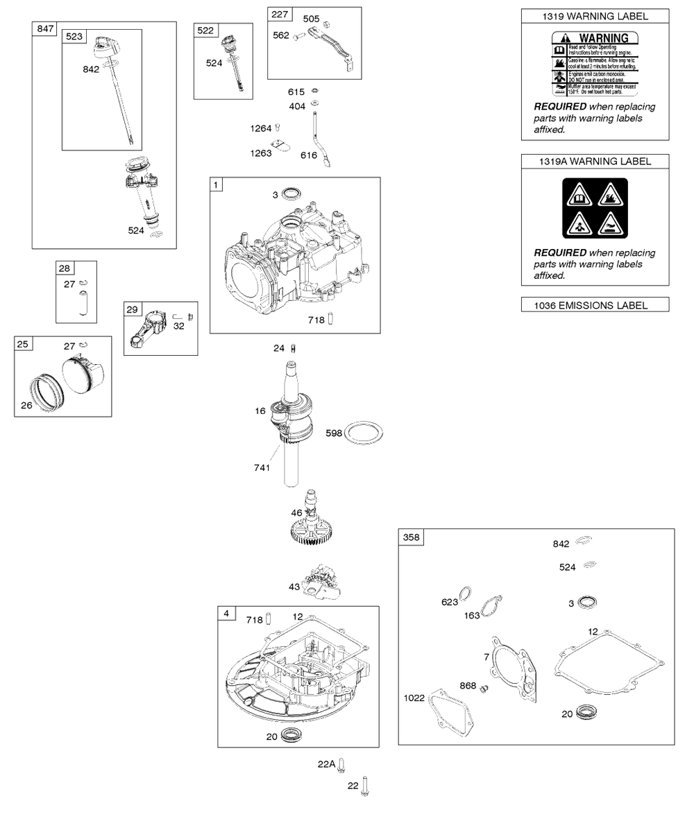 Camshaft, Crankshaft, Cylinder, Piston/Rings/Connecting Rod, Sump, Warning Label Diagram and Parts List for 9P602-0060-F1  Briggs and Stratton Engine